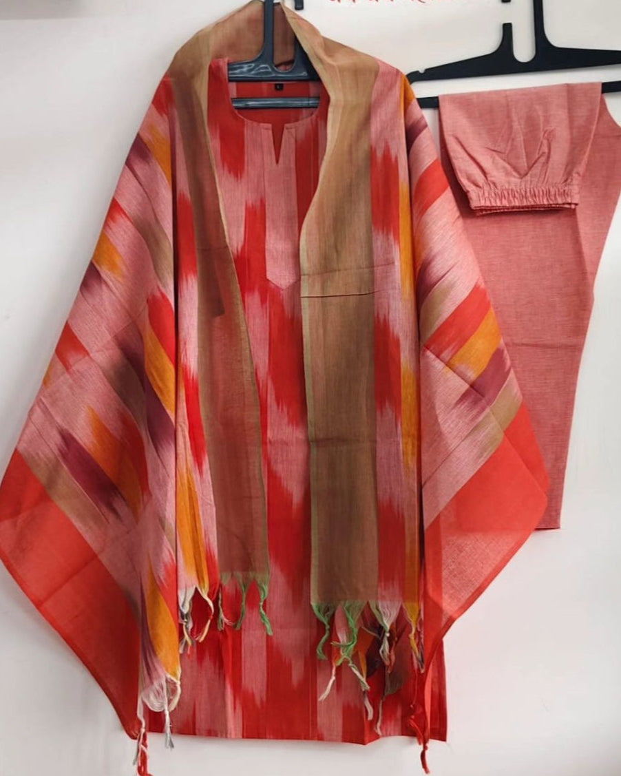 Red Handloom Cotton Ikkat Printed 3PC set