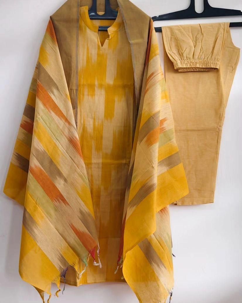 Yellow Handloom Cotton Ikkat Printed 3PC set