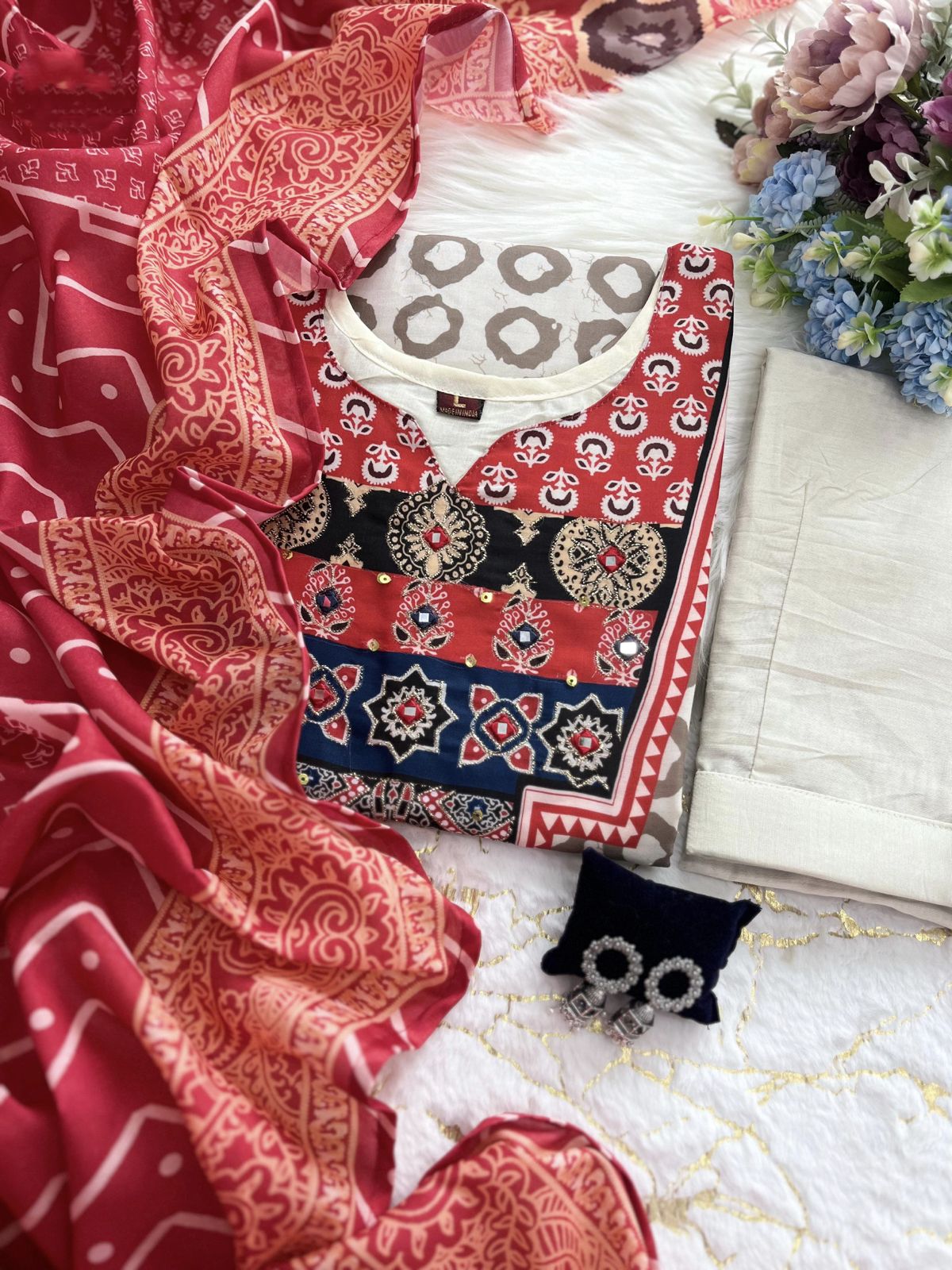 Beige Premium Muslin Kurti Pant Dupatta Set