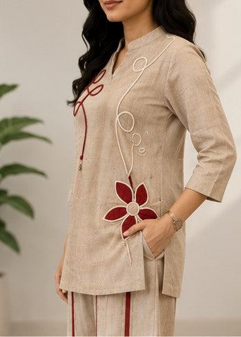 Beige Embroidered Premium Jute-Cotton Short Coord Set