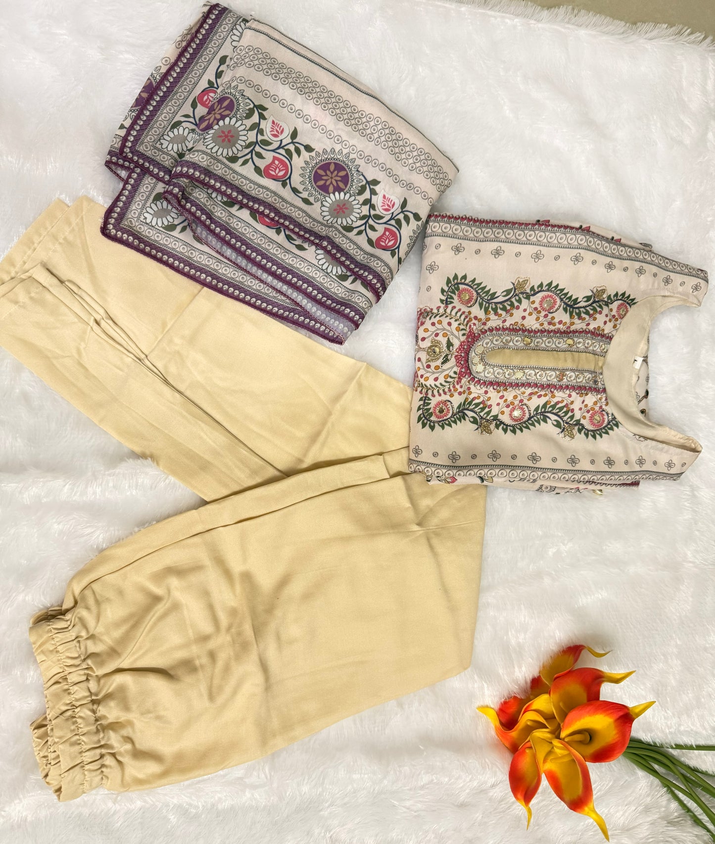 Beige Premium Muslin Kurti Pant Dupatta Set