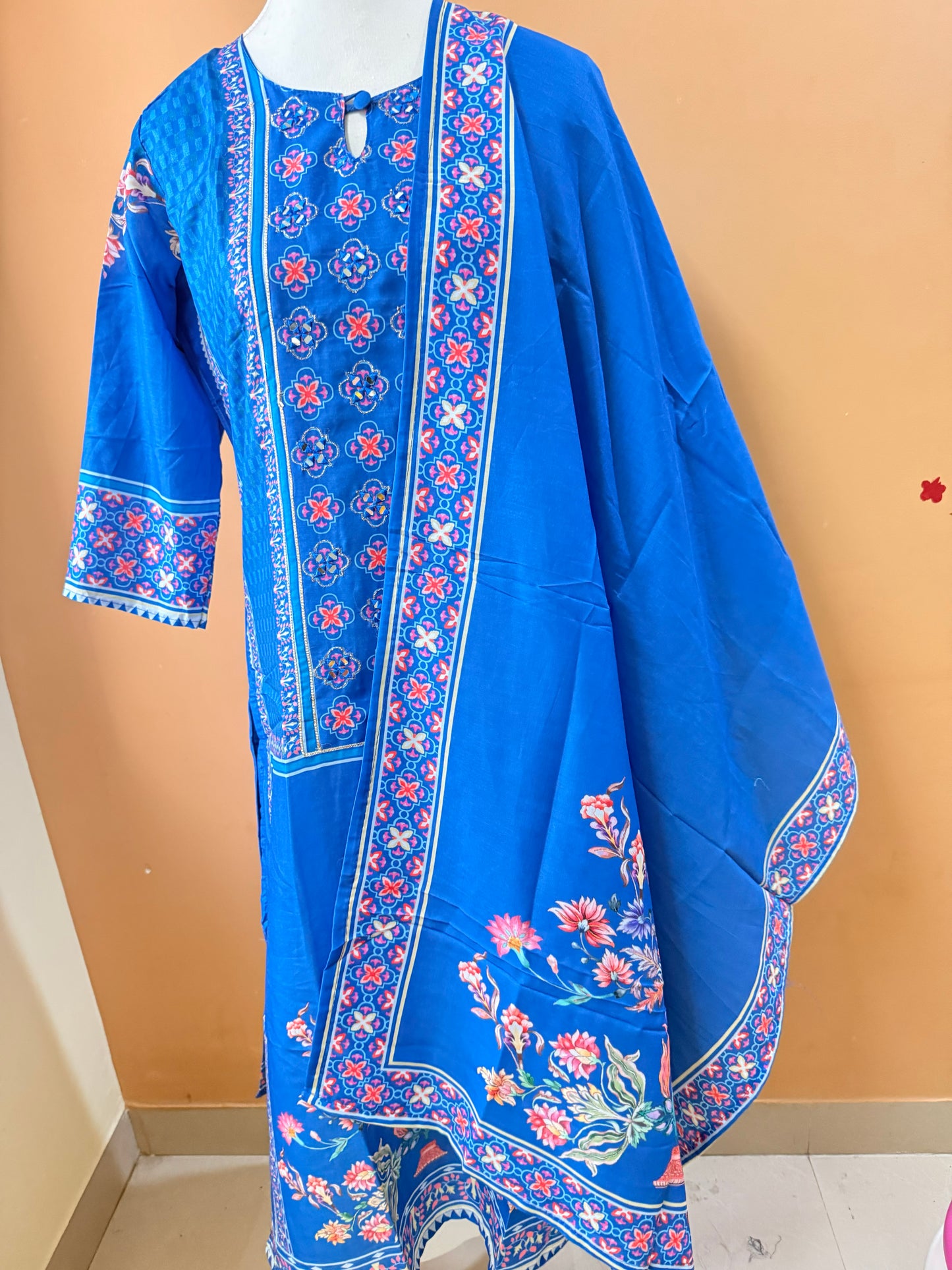 Blue Premium Muslin Kurti Pant Dupatta Set1