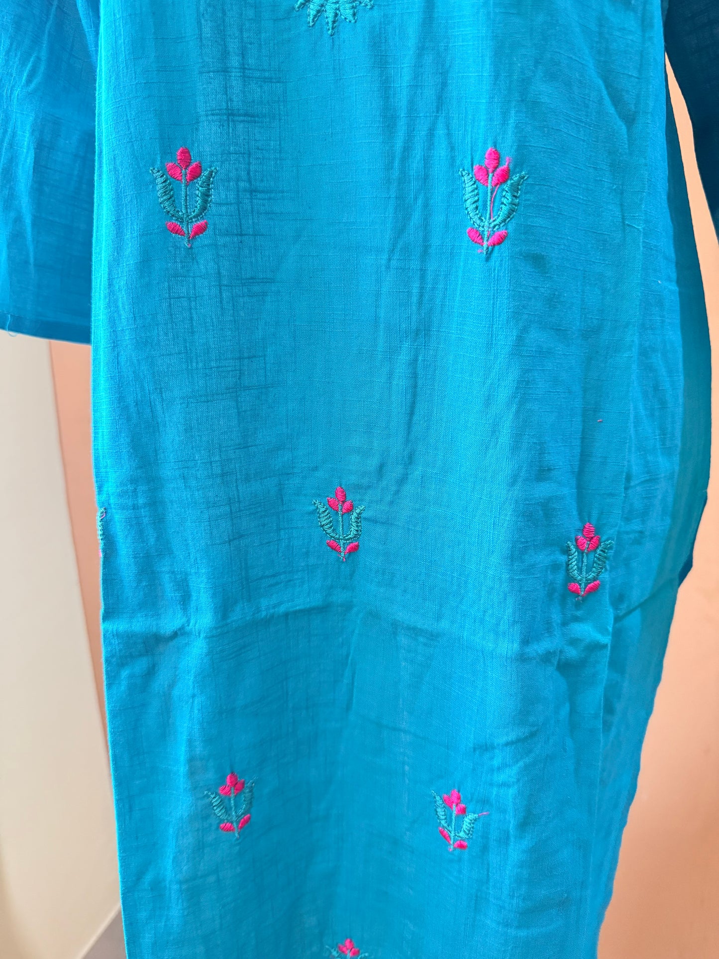 Blue Embroidery Kadhi Cotton Kurti, Pant and printed Dupatta