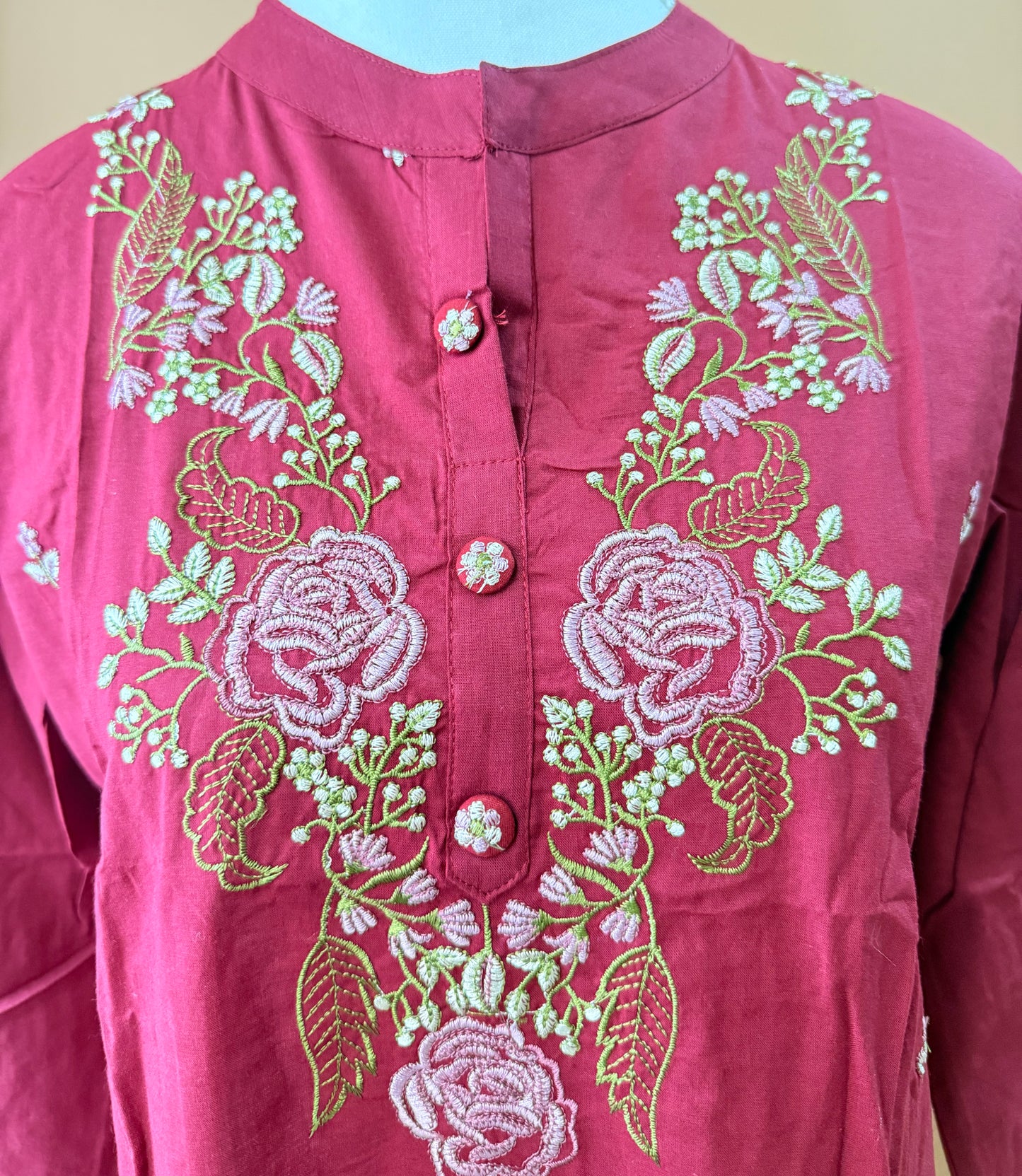 Marron Elegant Embroidery Kurti, Pant, Dupatta Set