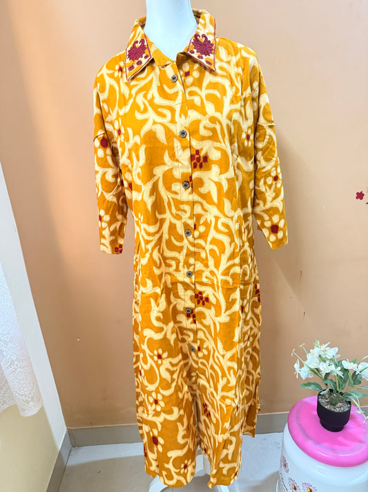 Mustard Yellow Printed Easy to Maintain A-line Coord set