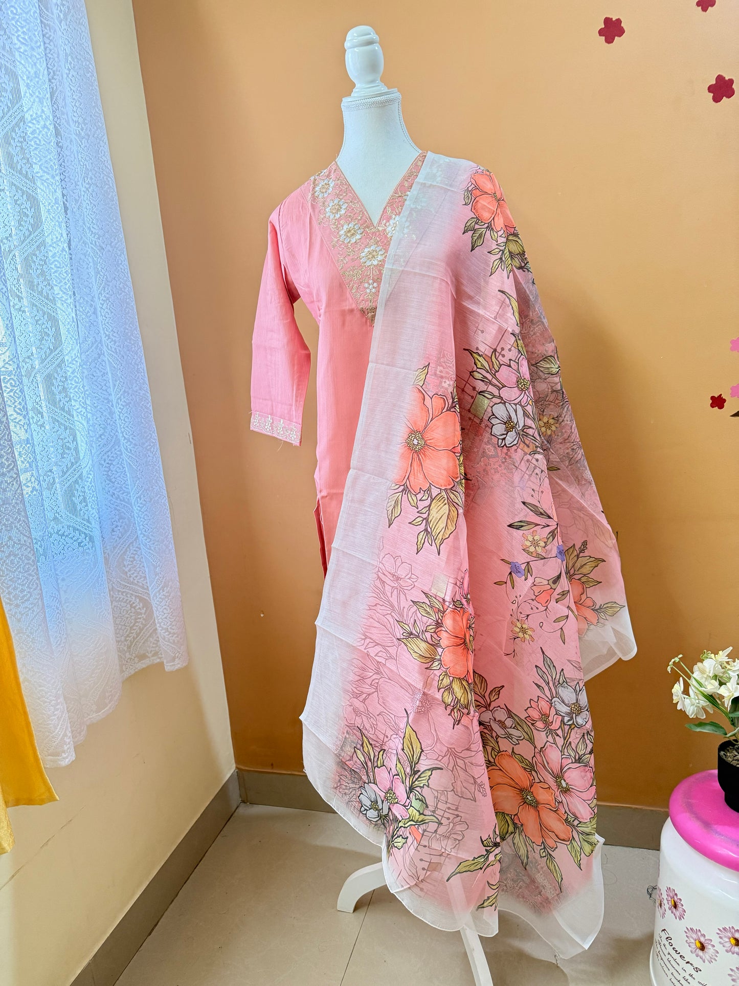 Peach Pink soft bamboo cotton Kurti, Pant, Dupatta set