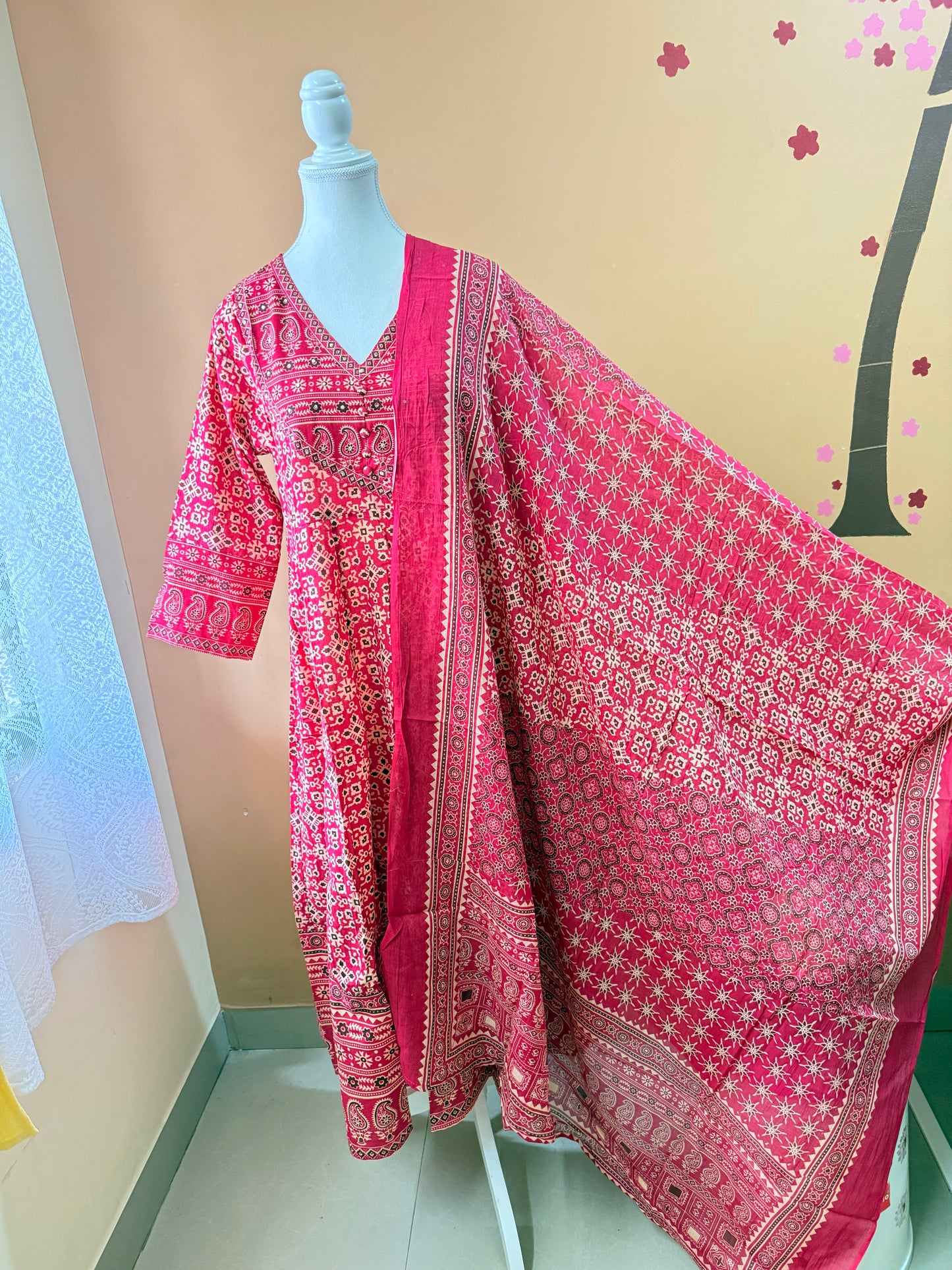 Pink Premium Cotton Anarkali Kurti Pant Dupatta set