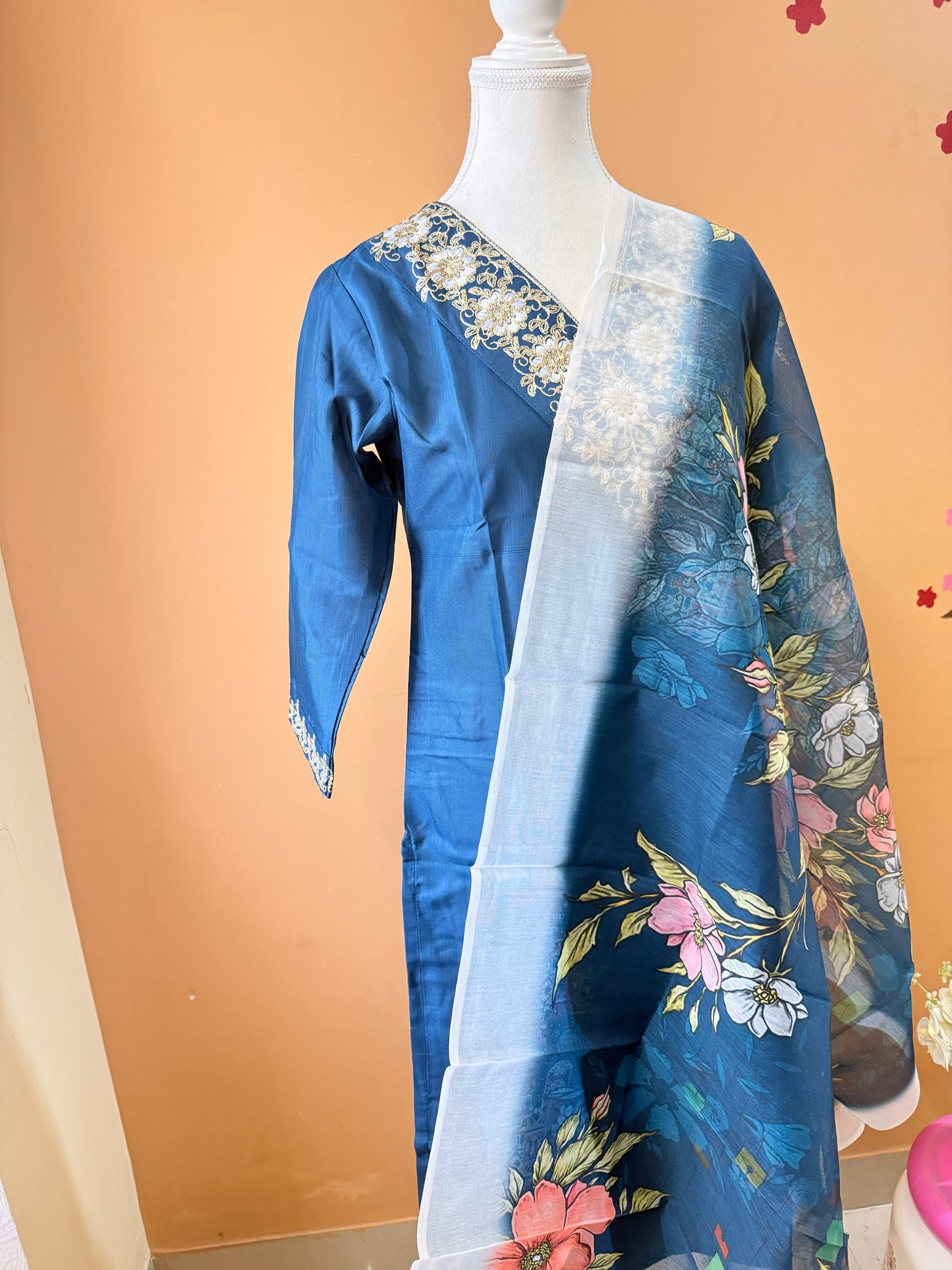 Teal Blue soft bamboo cotton Kurti, Pant, Dupatta set