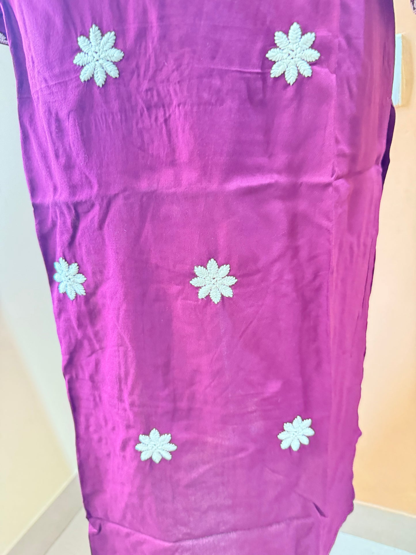 Wine Rayon Cotton Embroidery Kurti Pant and Dupatta set
