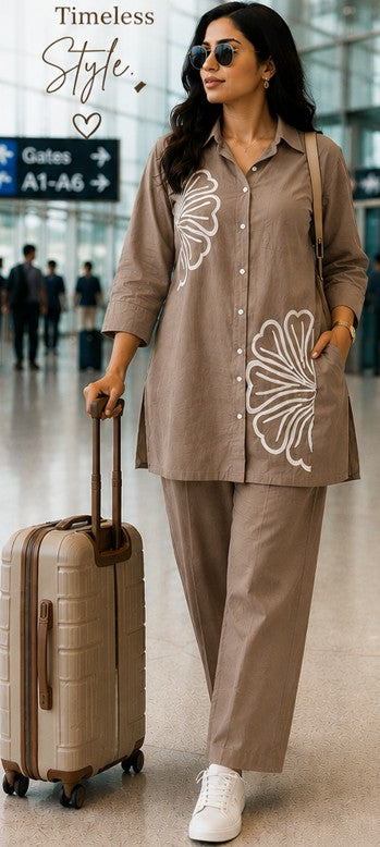 TAUPE-Brown White Embroidered Cotton Short Coord Set