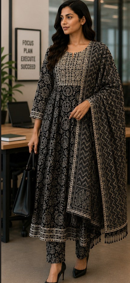 Black Cotton FROCK Pattern Kurti Pant Dupatta set