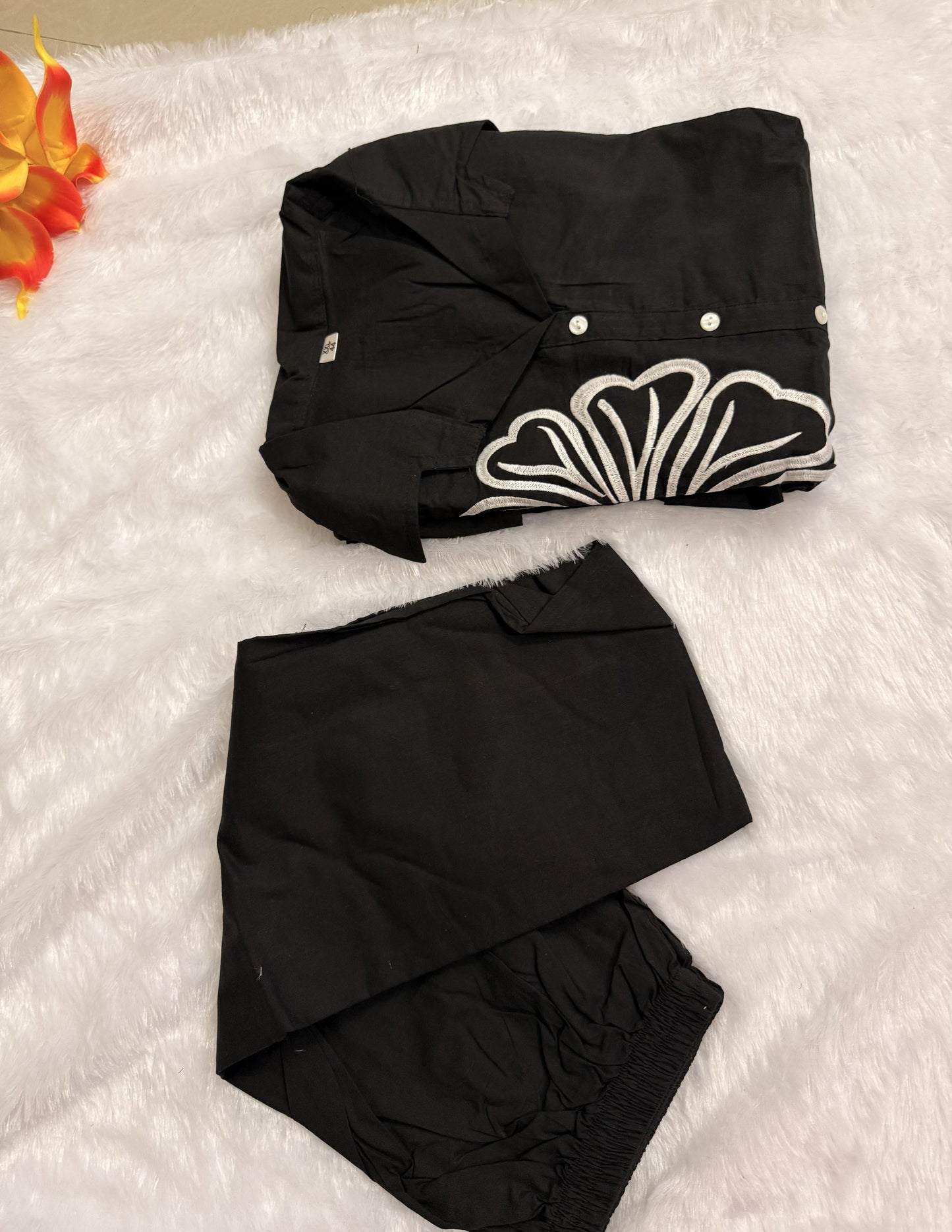Black Embroidered Cotton Short Coord Set