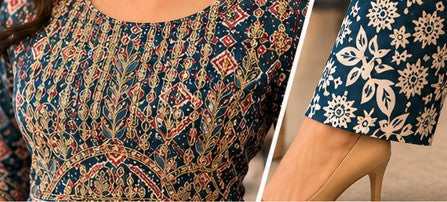 Blue Cotton FROCK Pattern Kurti Pant Dupatta set