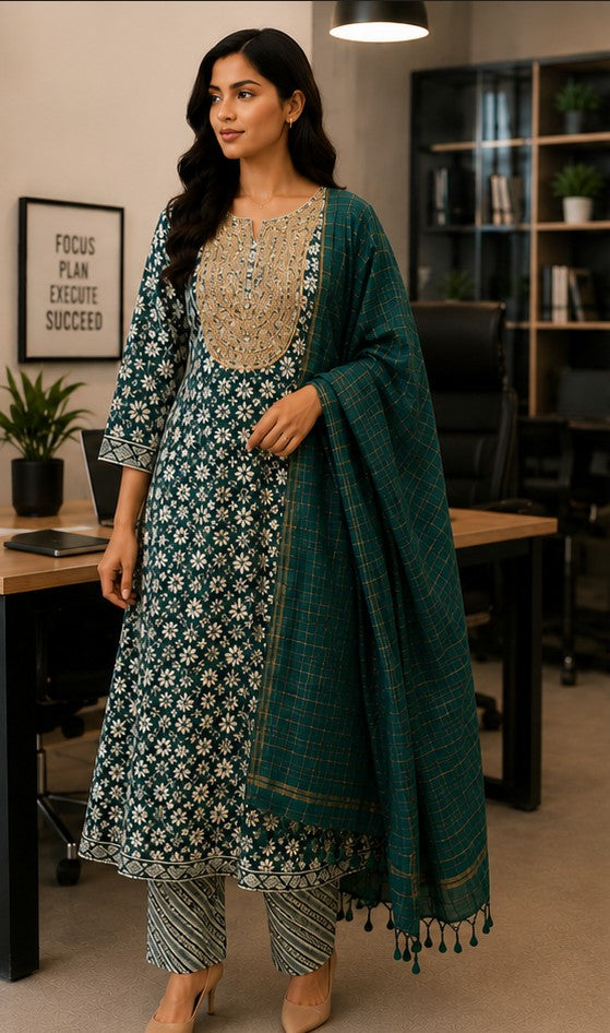 Green Cotton FROCK Pattern Kurti Pant Dupatta set