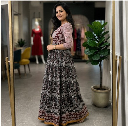 Maroon-Black Soft Kota kalamkari Maxi Frock