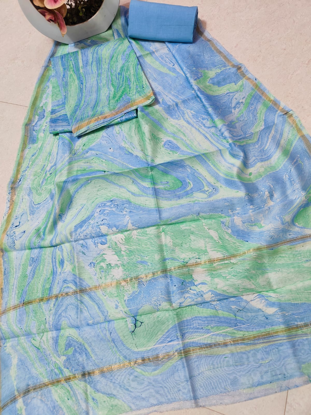 Blue Chanderi Silk Dress Material