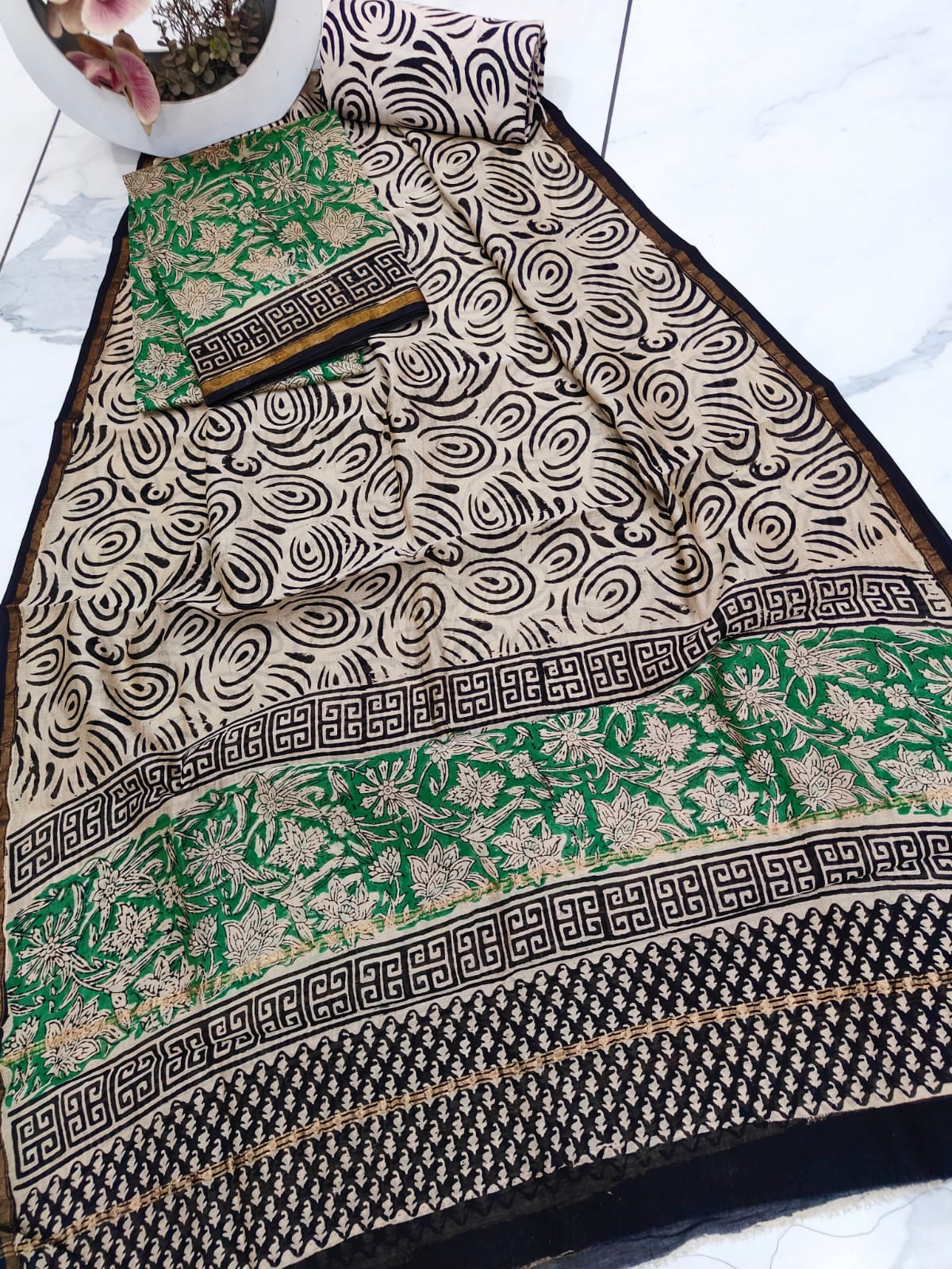GreenBlack Chanderi Silk Dress Material