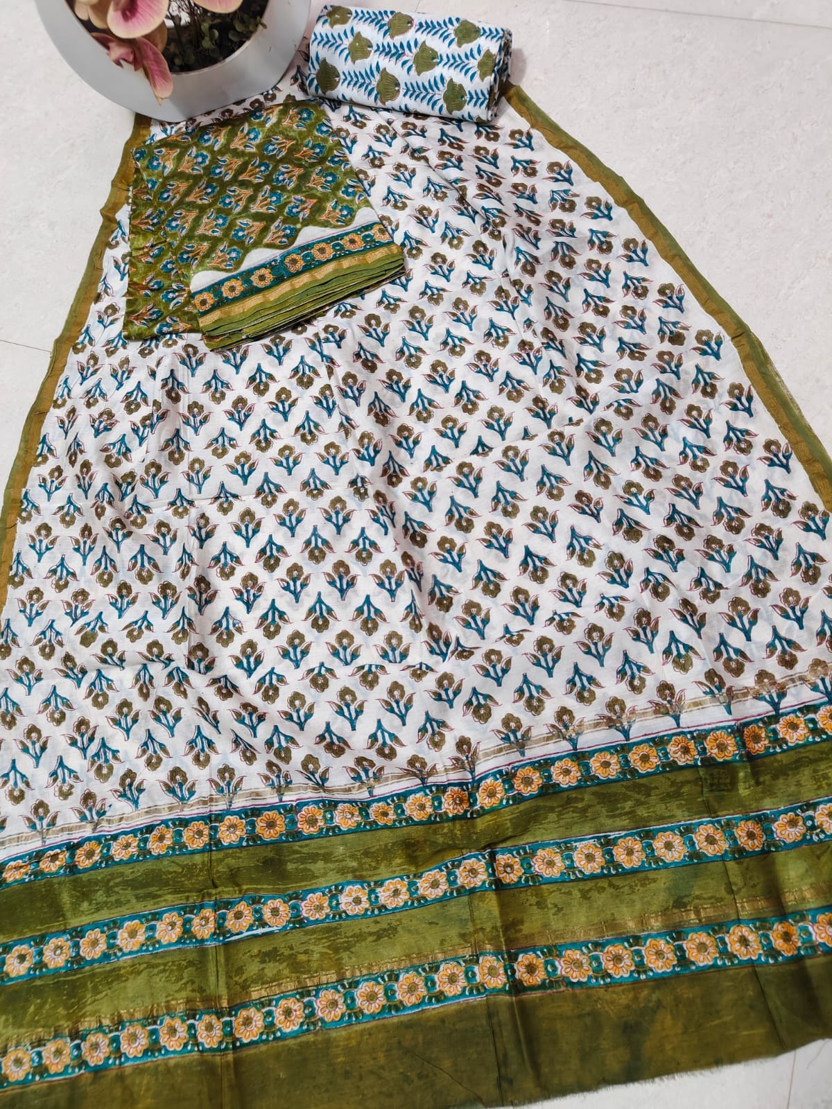 GreenBlueWhite Chanderi Silk Dress Material