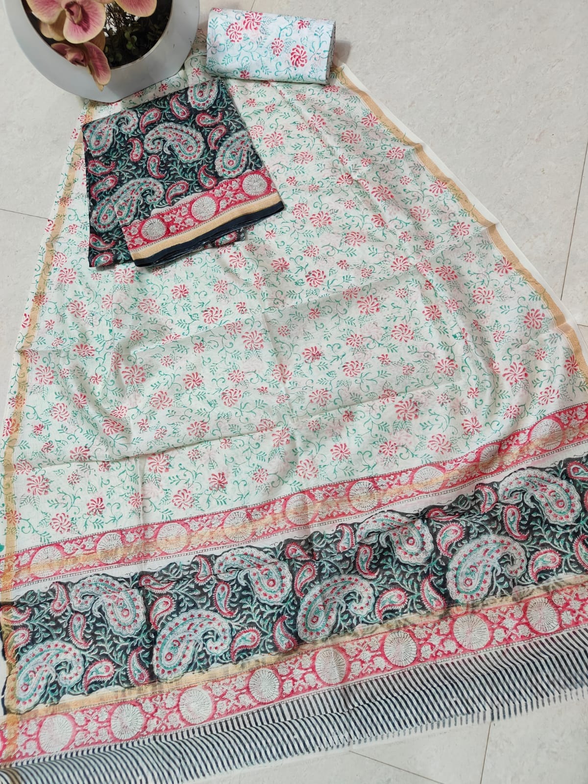 DarkGreen-MintGreen Chanderi Silk Dress Material