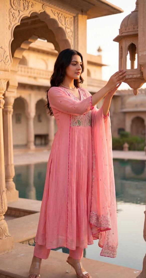 Pink Premium Cotton Anarkali Kurti Pant Dupatta set