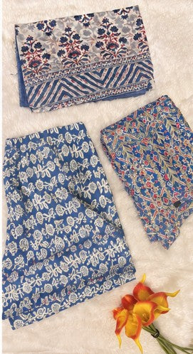 Blue Cotton FROCK Pattern Kurti Pant Dupatta set