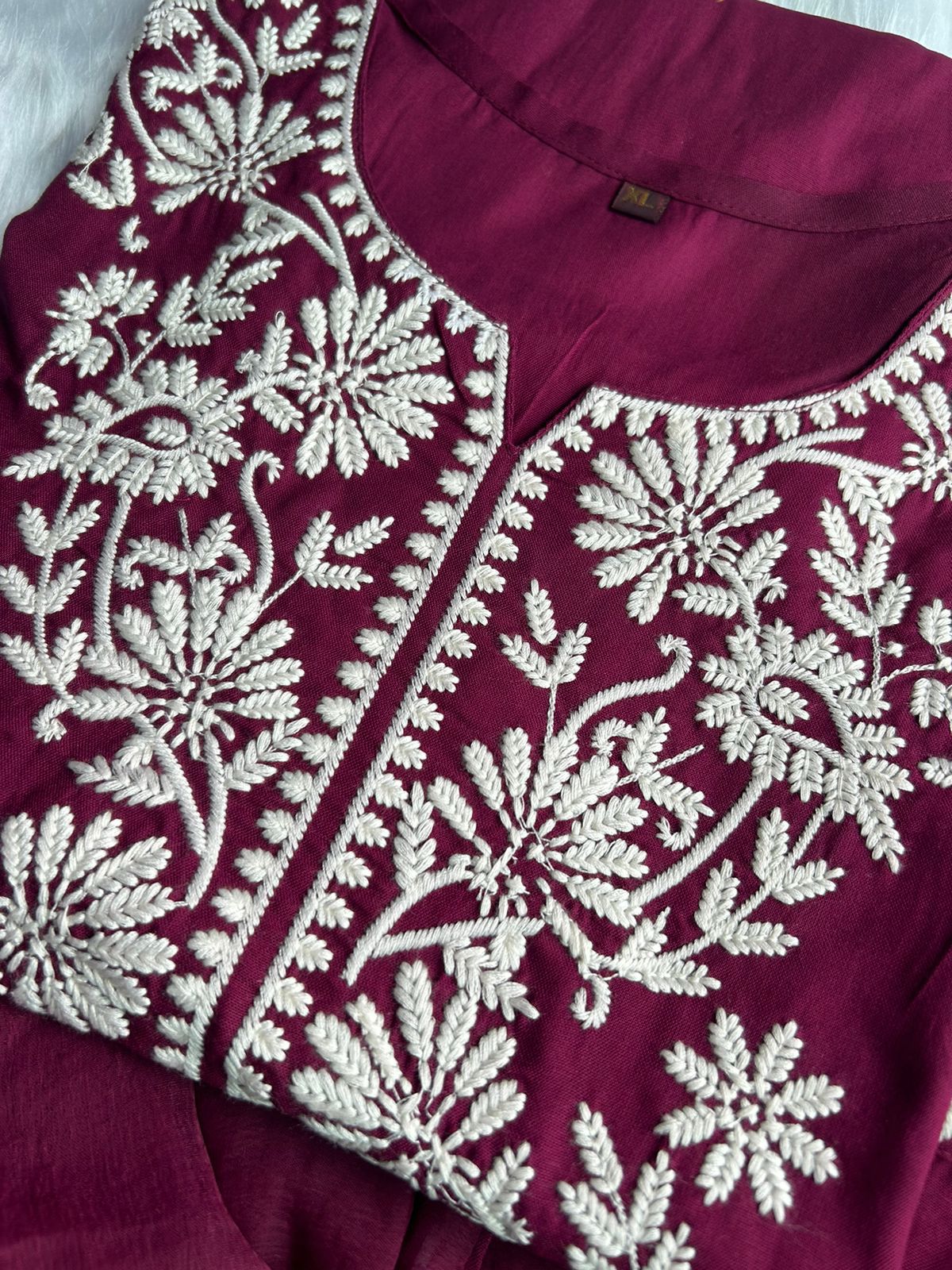 Wine Rayon Cotton Embroidery Kurti Pant and Dupatta set