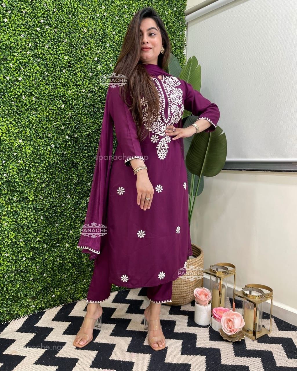 Wine Rayon Cotton Embroidery Kurti Pant and Dupatta set