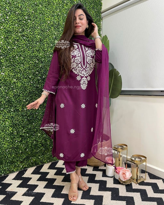 Wine Rayon Cotton Embroidery Kurti Pant and Dupatta set
