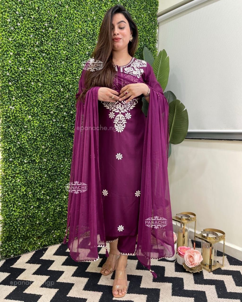 Wine Rayon Cotton Embroidery Kurti Pant and Dupatta set