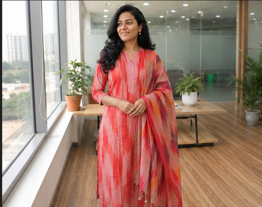 Red Handloom Cotton Ikkat Printed 3PC set