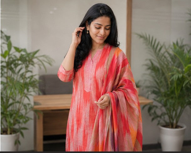 Red Handloom Cotton Ikkat Printed 3PC set