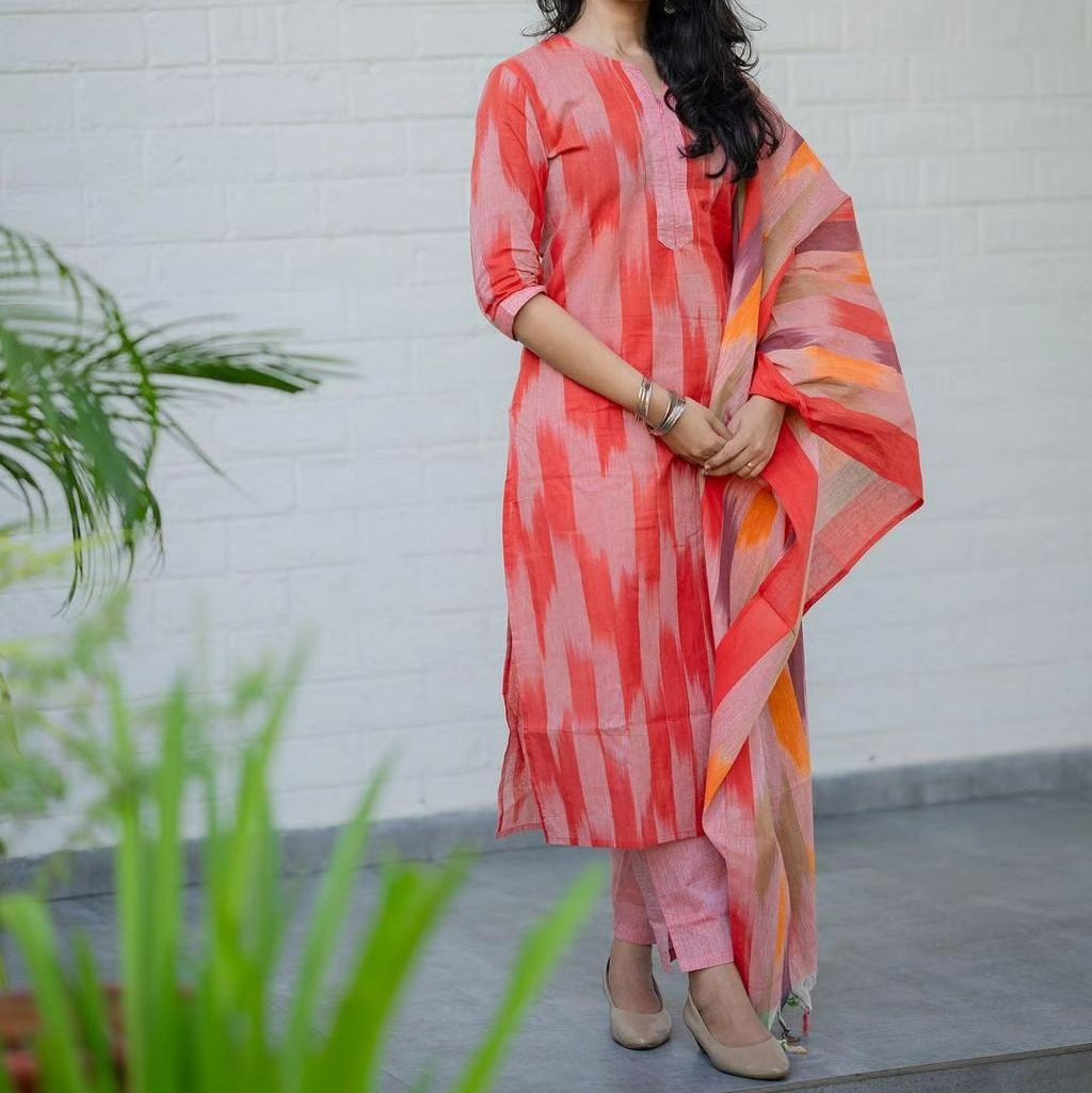 Red Handloom Cotton Ikkat Printed 3PC set