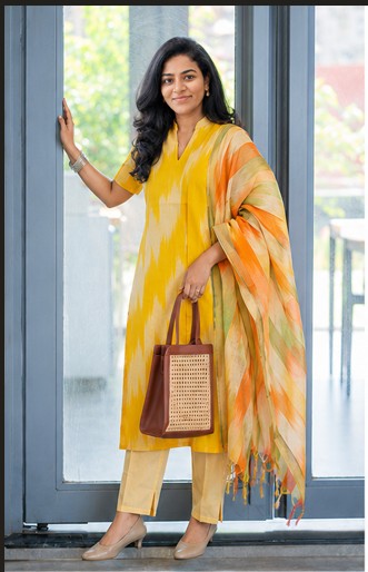 Yellow Handloom Cotton Ikkat Printed 3PC set