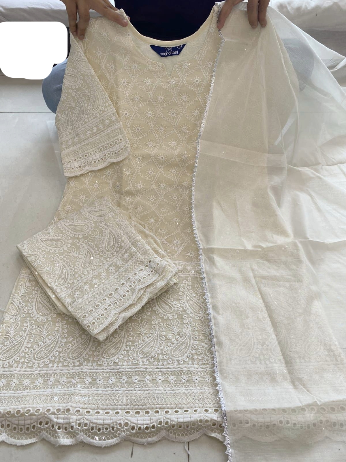 White Cotton schiffli Kurti Pant Dupatta set