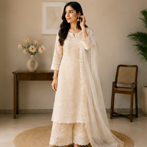 White Cotton schiffli Kurti Pant Dupatta set