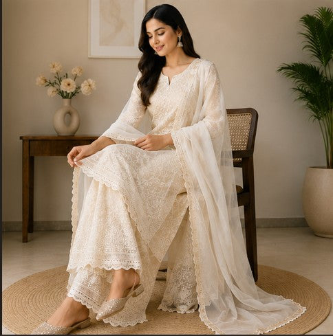 White Cotton schiffli Kurti Pant Dupatta set