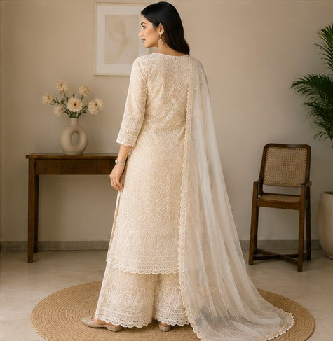 White Cotton schiffli Kurti Pant Dupatta set
