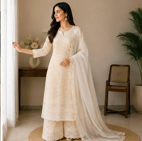 White Cotton schiffli Kurti Pant Dupatta set