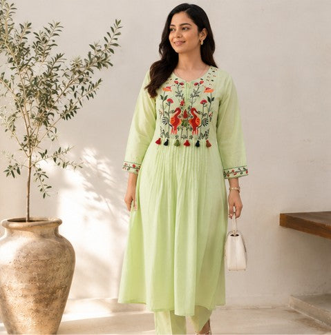 PistaGreen Embroidered Yoke Co-Ord Set