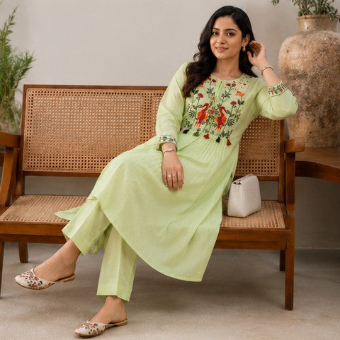 PistaGreen Embroidered Yoke Co-Ord Set