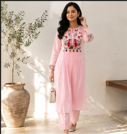 Pink Embroidered Yoke Co-Ord Set