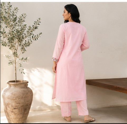 Pink Embroidered Yoke Co-Ord Set