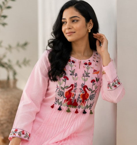 Pink Embroidered Yoke Co-Ord Set