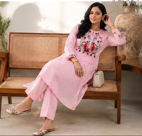 Pink Embroidered Yoke Co-Ord Set