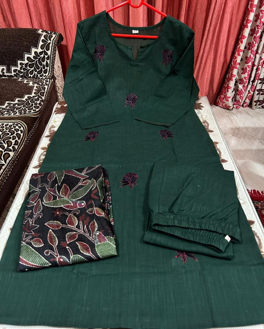 Green Cotton dress with heavy printed dupatta