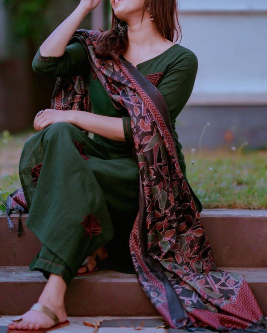Green Cotton dress with heavy printed dupatta