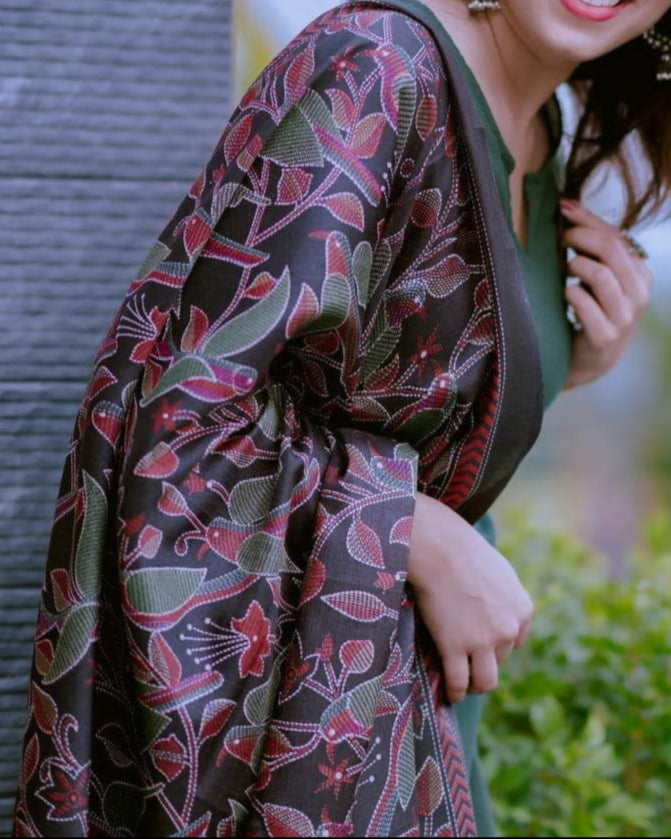 Green Cotton dress with heavy printed dupatta