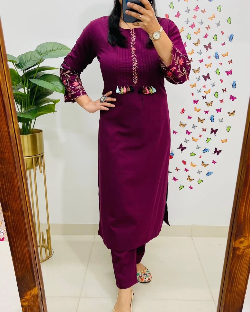 Embroidary Kurti Pant Set - Purple