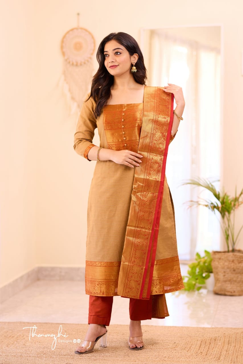 Sandalwood,Red Kanchi Cotton traditional 3PC set