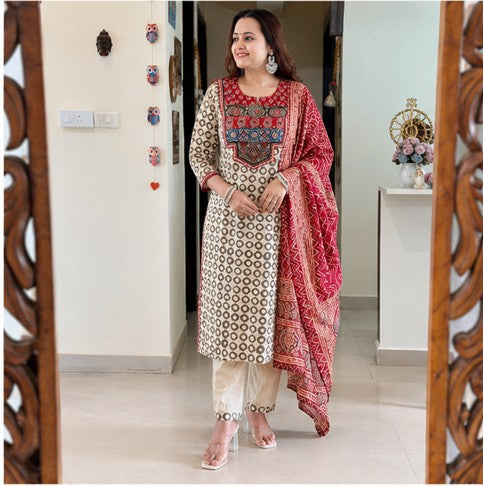 Beige Premium Muslin Kurti Pant Dupatta Set